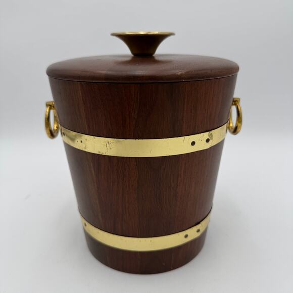 Vintage Wooden Ice Bucket with Gold Handle  Mid Century - Picture 4 of 13